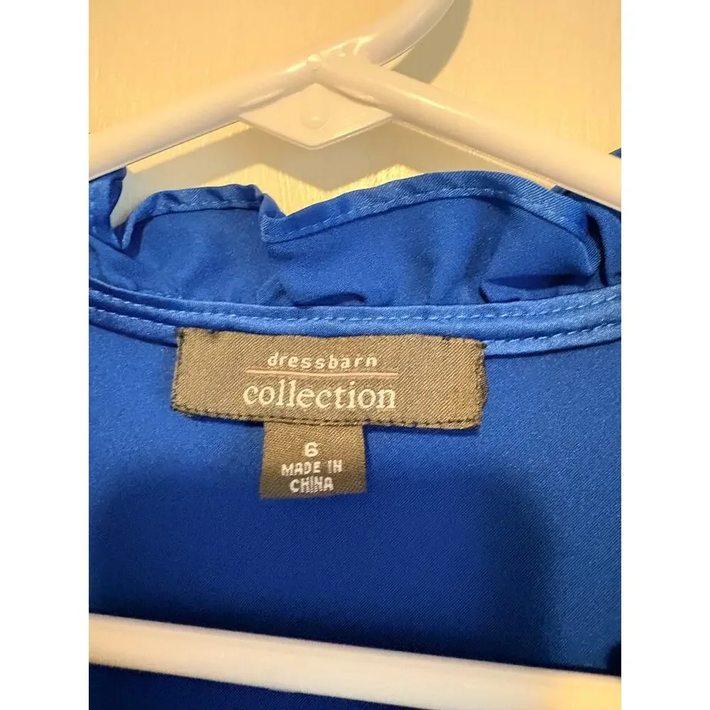 Dressbarn Collection Blue Satin Sleeveless Ruffle Blouse Ruched 6 Regency Y2k